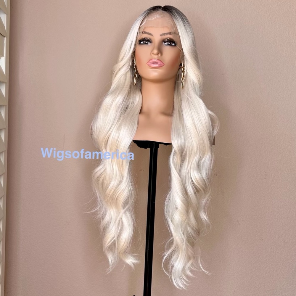 White wig ombré black on roots lace front middle part wavy layered